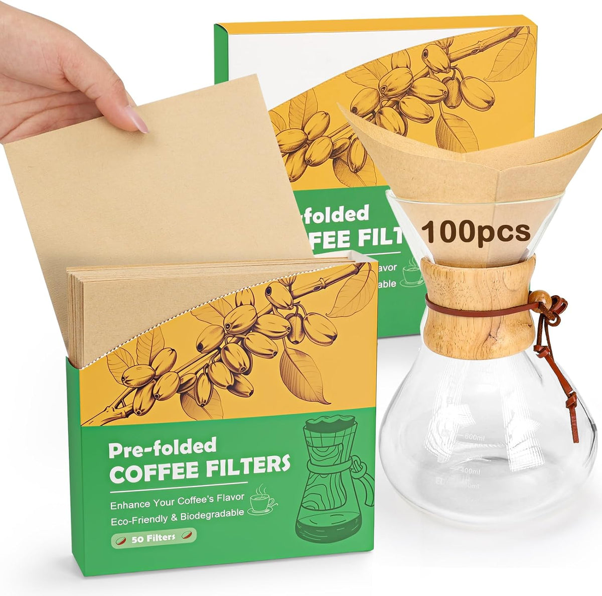 BYKITCHEN Pre-folded Pour Over Coffee Filter, Unbleached Coffee Filters