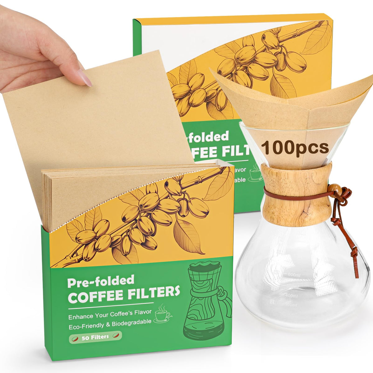 BYKITCHEN Pre-folded Pour Over Coffee Filter, Unbleached Coffee Filters
