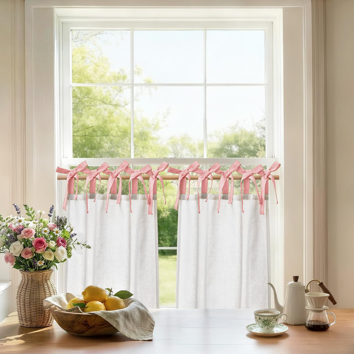 jinchan Solid Linen Kitchen Tier Curtains 24 Inches Tie Top 2 Panles Crude
