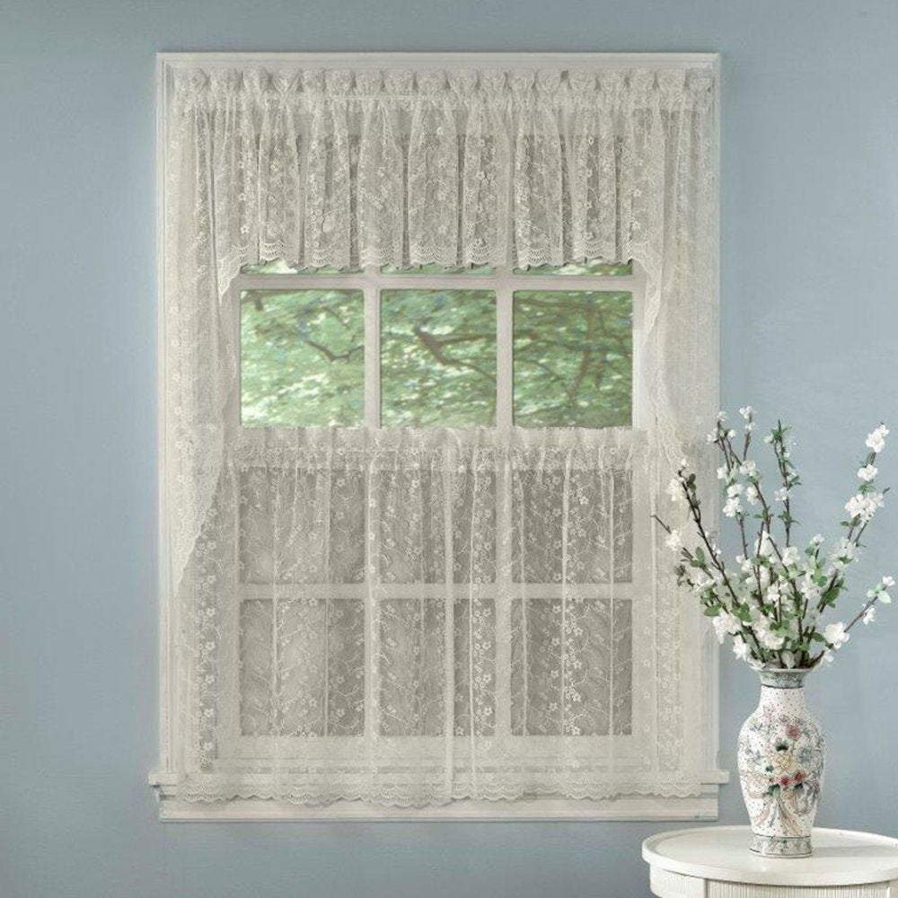 Sweet Home Collection Old World Style Floral Heavy Lace Kitchen Curtain Swag pair Hopewell Cream