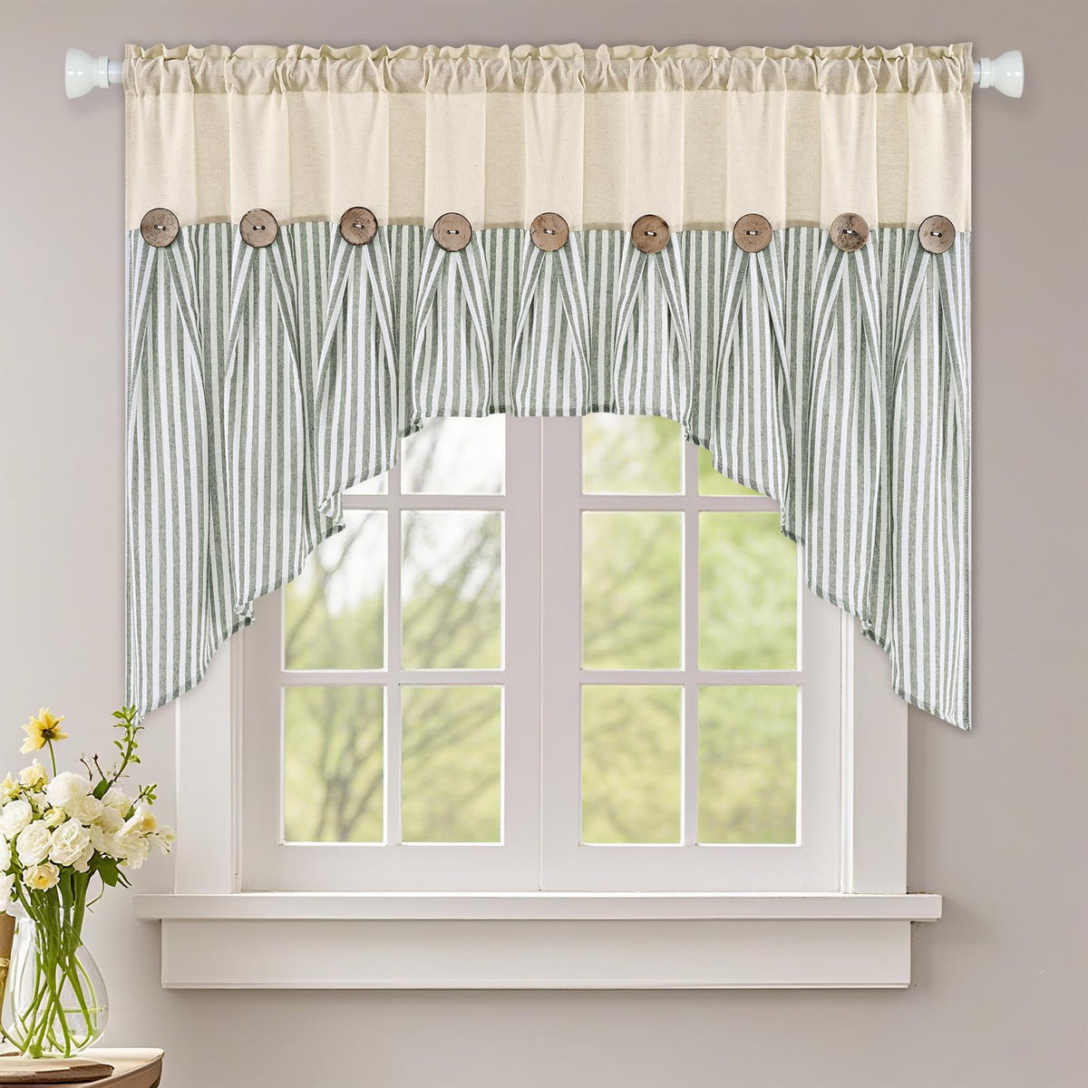 ASPMIZ Cotton Linen Kitchen Valance Curtains, Boho Rustic Button Linen Valances for Windows Farmhouse, Black with Grey Stripe Valance Window Topper Treatment Window Valances for Bathroom, 52 x 18 Inch