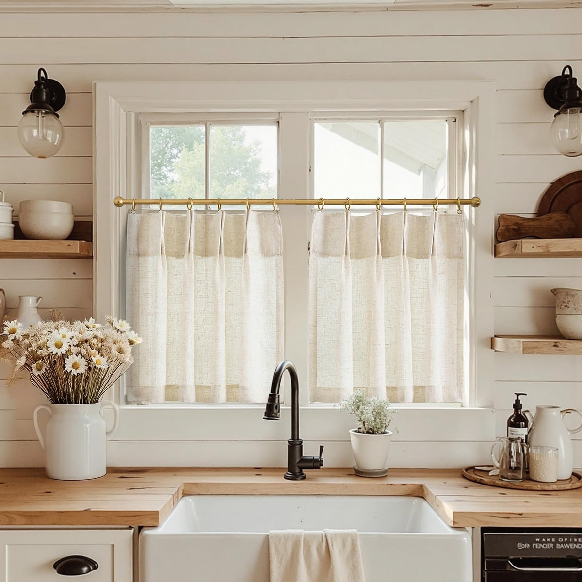 jinchan Linen Pinch Pleated Back Tab Tier Curtains, 26x36, Natural