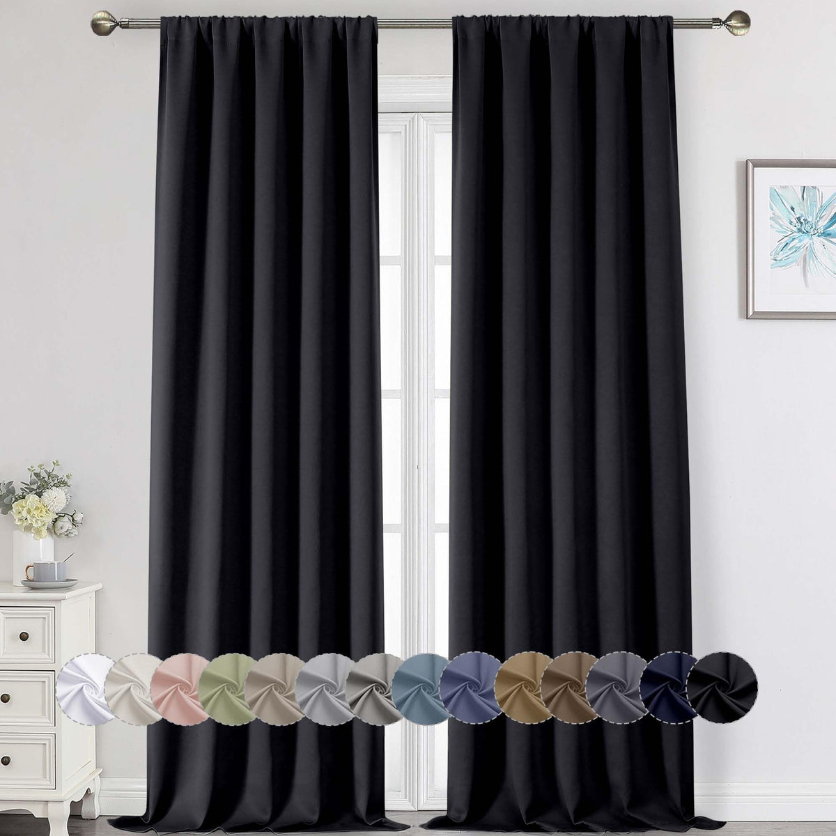 Black Cafe Blackout Curtains 36 Inch Length 2 Panels Set, Soft Solid Thermal Insulated Room Darkening Small Window Curtains for Kitchen Bathroom Basement, Black, Each, 40" Wx36 L