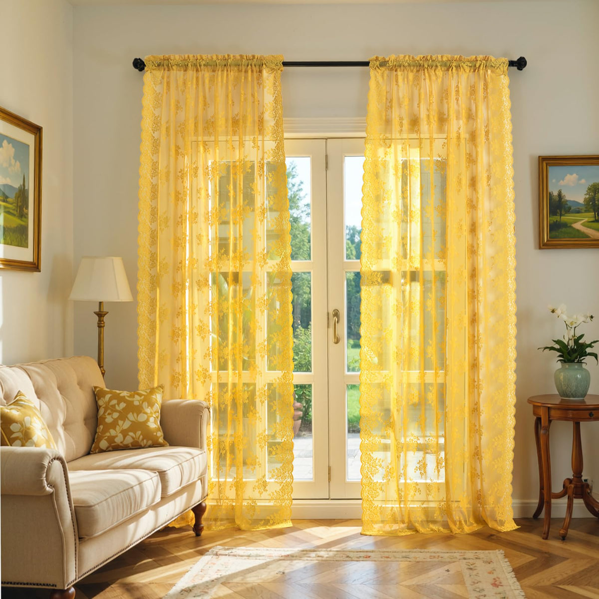 Kotile Short Beige Lace Curtains for Kitchen Windows W42xL45 Inch, 2 Panels
