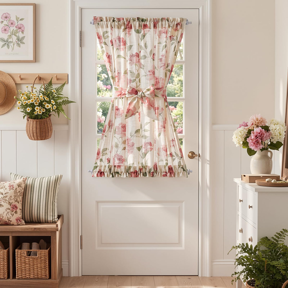jinchan Blue Linen Floral French Door Curtain 40 Inch Rod Pocket 1 Panel