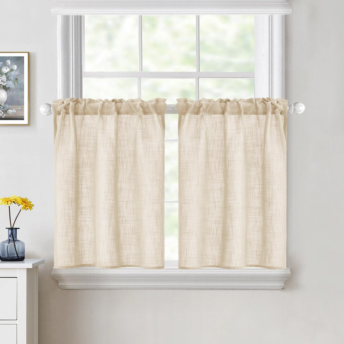 MIULEE Spring Linen Textured Kitchen Window Curtains over Sink 24 Inch Length Semi Sheer Farmhouse Small Curtains for Cafe Bathroom Basement, Short Rod Pocket Tier Curtains 2 Panels W26XL24 Sage Green