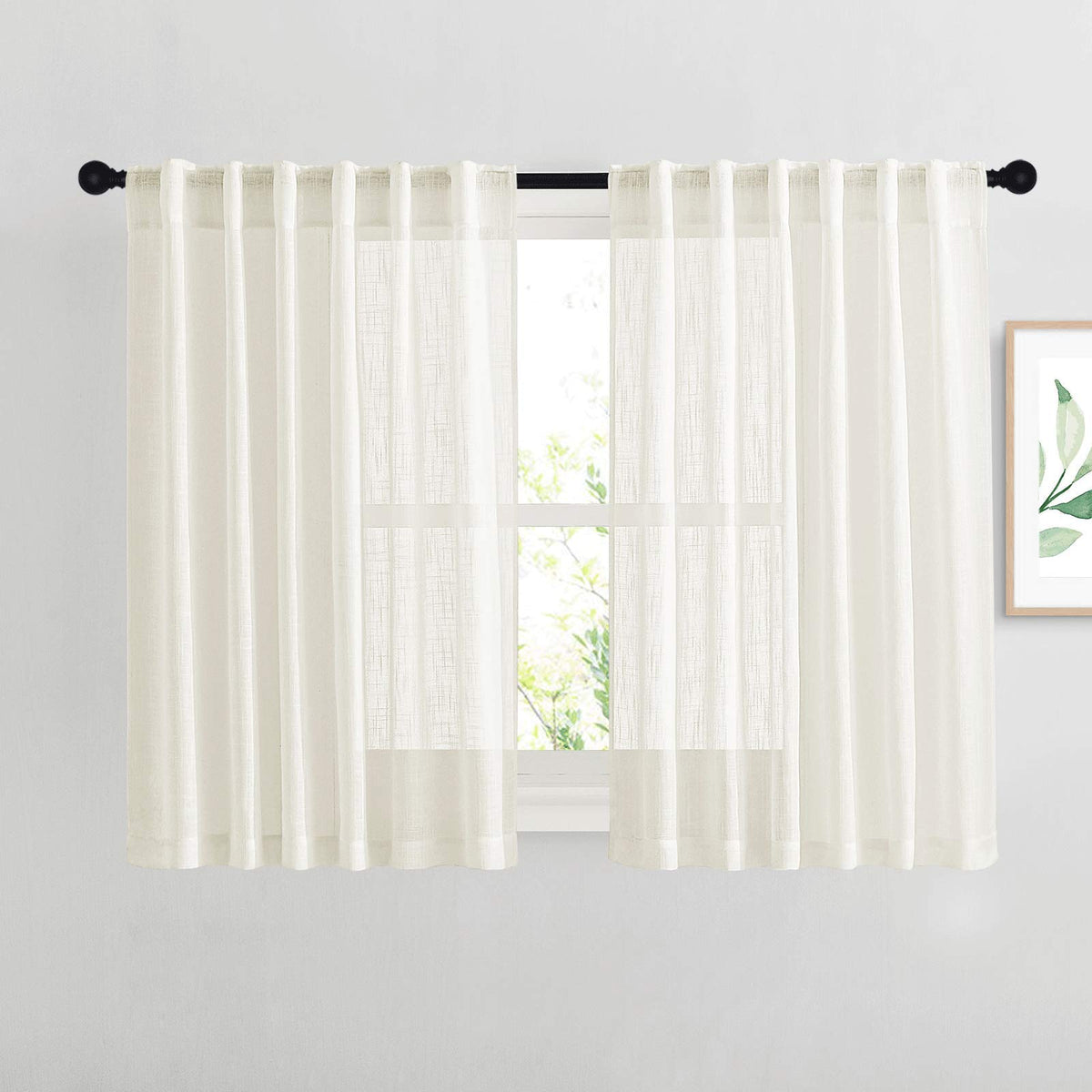 NICETOWN Natural Linen Kitchen Curtains 26 inches Long, Rod Pocket & Back Tab Semi Sheer Flax Window Treatments Rustic & Cute for Cafe/Kids Room, W37 x L26, 2 Panels