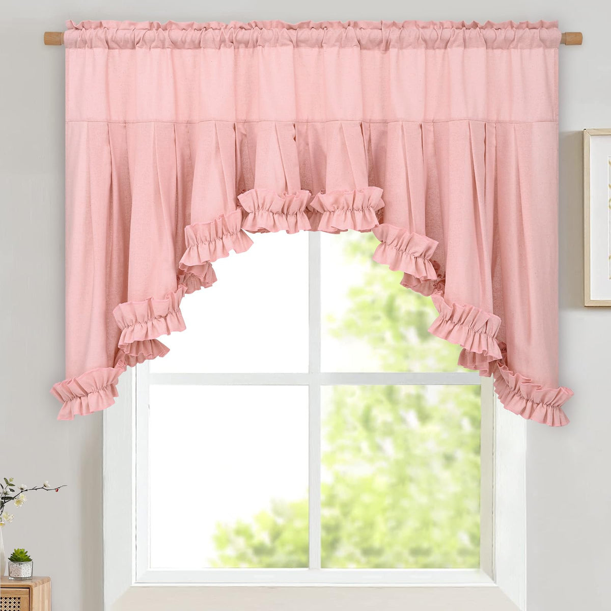 Likiyol Linen Valances for Windows Farmhouse Ruffle Swag Valance Rustic Country Window Valances Light Filtering Kitchen Curtains Rod Pocket Valance Curtains for Bathroom Cafe, Green, 60" W x 36" L