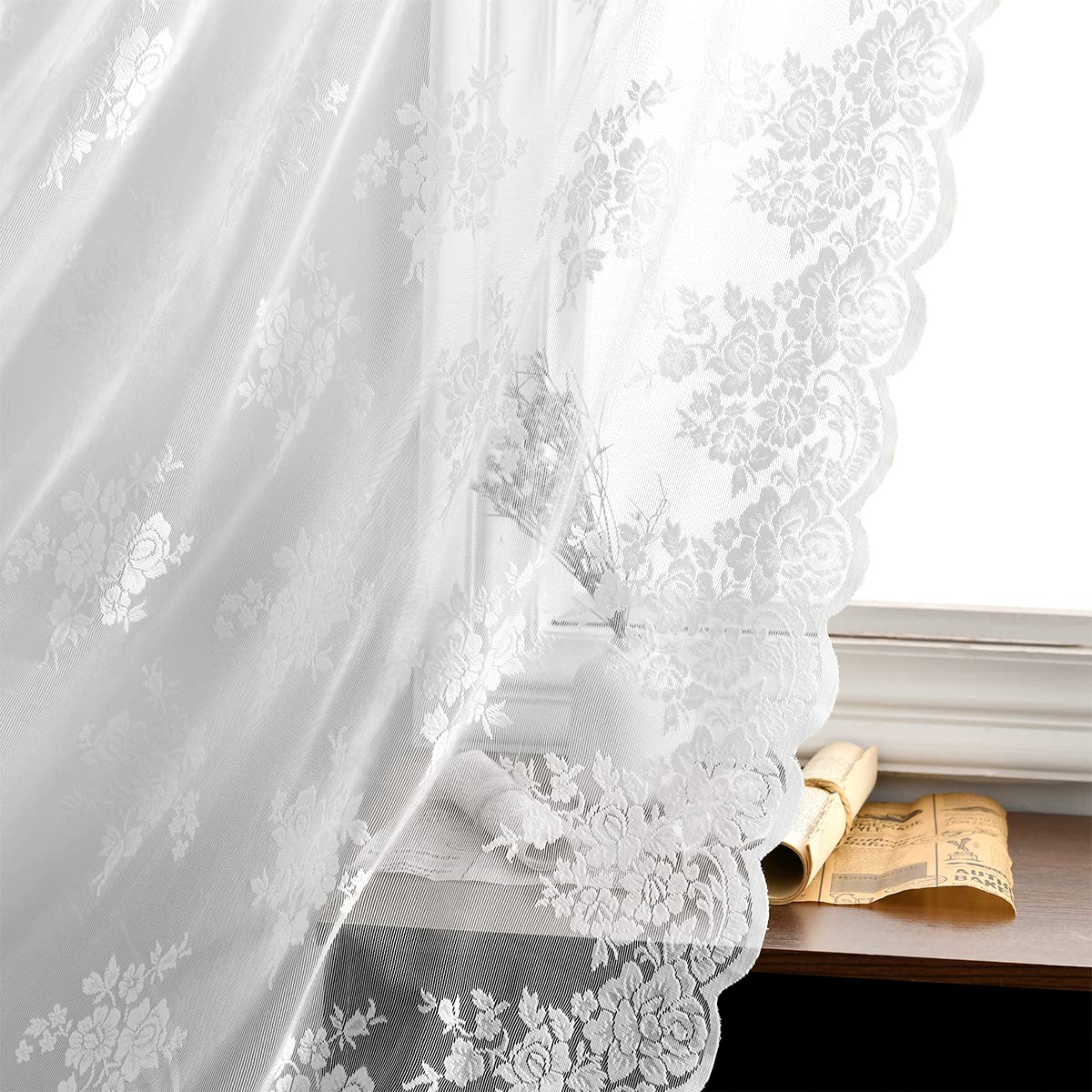 Kotile Short Beige Lace Curtains for Kitchen Windows W42xL45 Inch, 2 Panels