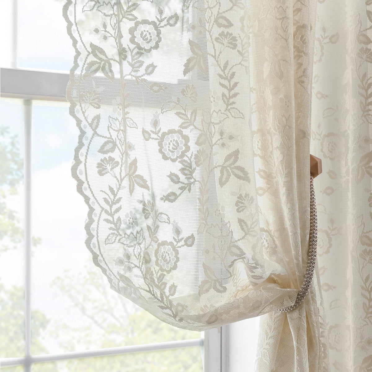 FINECITY Short Beige Lace Curtains Rustic Leaf Floral W42xL36 Inch 2 Panels