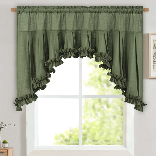 Likiyol Linen Valances for Windows Farmhouse Ruffle Swag Valance Rustic Country Window Valances Light Filtering Kitchen Curtains Rod Pocket Valance Curtains for Bathroom Cafe, Green, 60" W x 36" L
