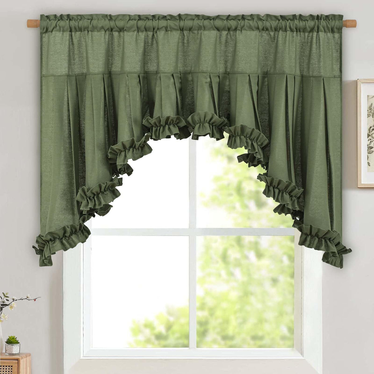 Likiyol Linen Valances for Windows Farmhouse Ruffle Swag Valance Rustic Country Window Valances Light Filtering Kitchen Curtains Rod Pocket Valance Curtains for Bathroom Cafe, Green, 60" W x 36" L