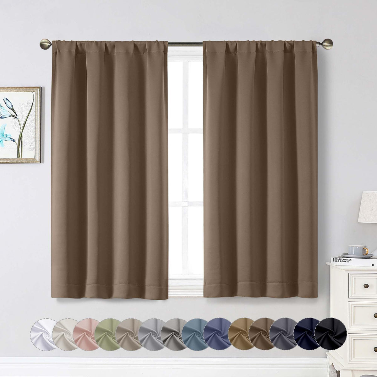 Black Cafe Blackout Curtains 36 Inch Length 2 Panels Set, Soft Solid Thermal Insulated Room Darkening Small Window Curtains for Kitchen Bathroom Basement, Black, Each, 40" Wx36 L