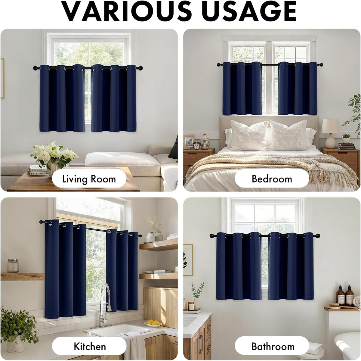 Short Navy Blue Blackout Kitchen Curtain W40 x L45 Inch 2 Panels