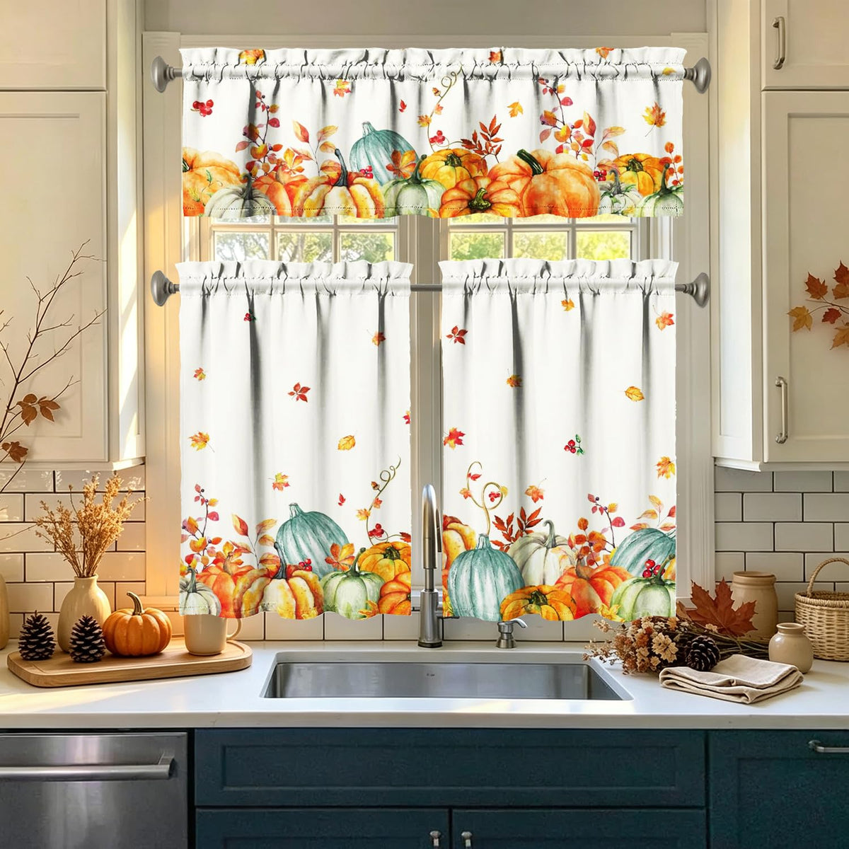 Sage Kitchen Curtain Valance 3 Piece Set, Sage Leaf Floral Kitchen Decor for Home Interior, Farmhouse Style Sink Window Curtains 36 Inch