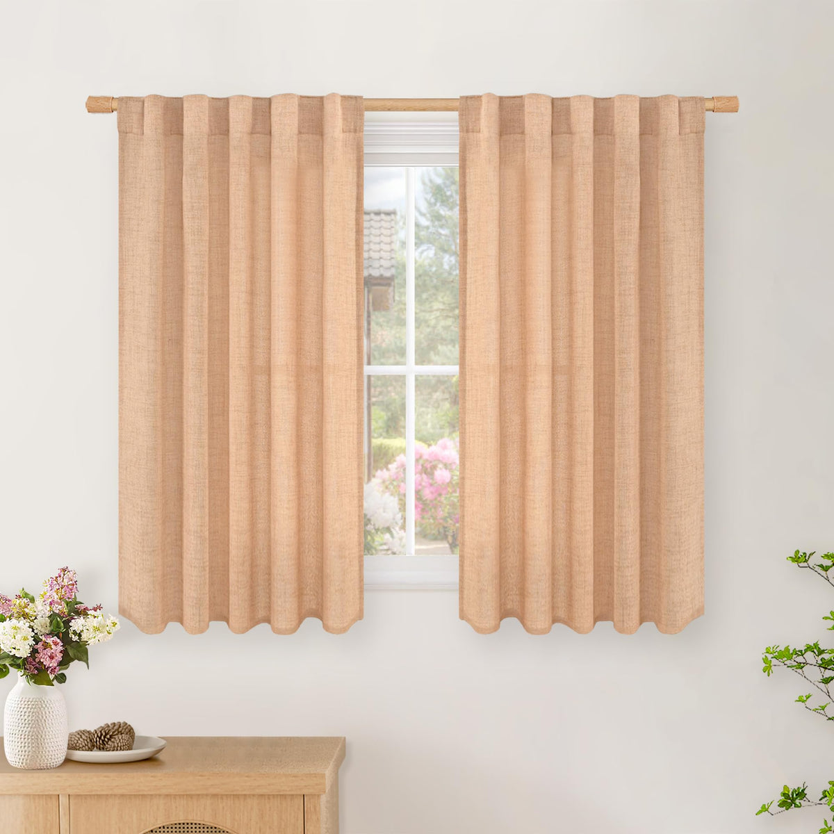 BGment White Linen Kitchen Curtains 40 Inch Length for Short Window