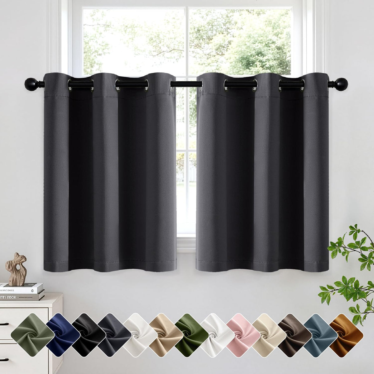 Short Navy Blue Blackout Kitchen Curtain W40 x L45 Inch 2 Panels