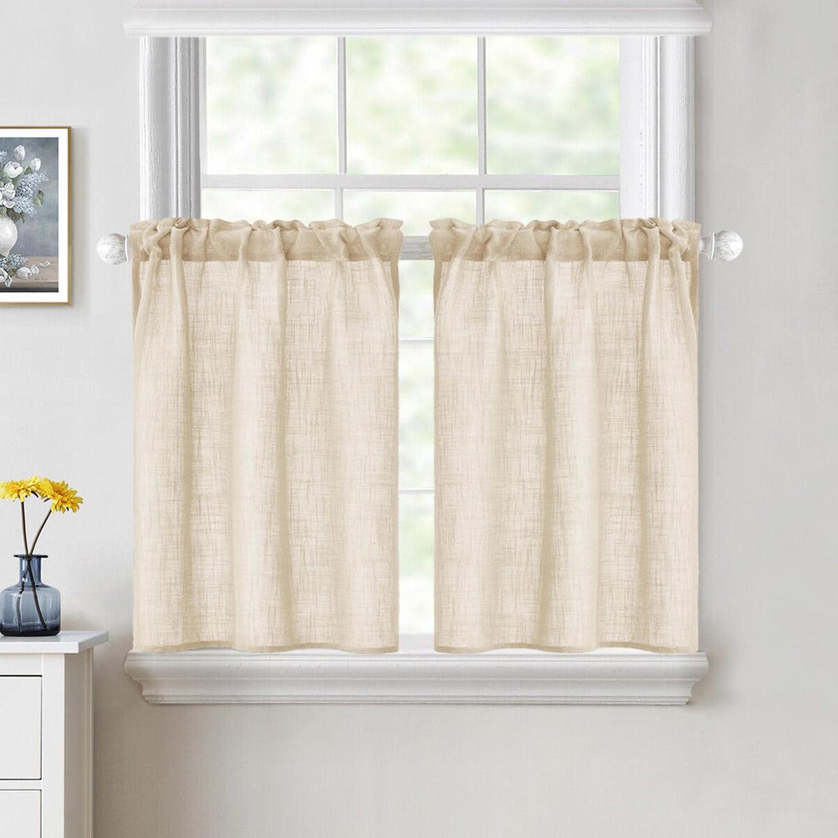 MIULEE Spring Linen Textured Kitchen Window Curtains over Sink 24 Inch Length Semi Sheer Farmhouse Small Curtains for Cafe Bathroom Basement, Short Rod Pocket Tier Curtains 2 Panels W26XL24 Sage Green