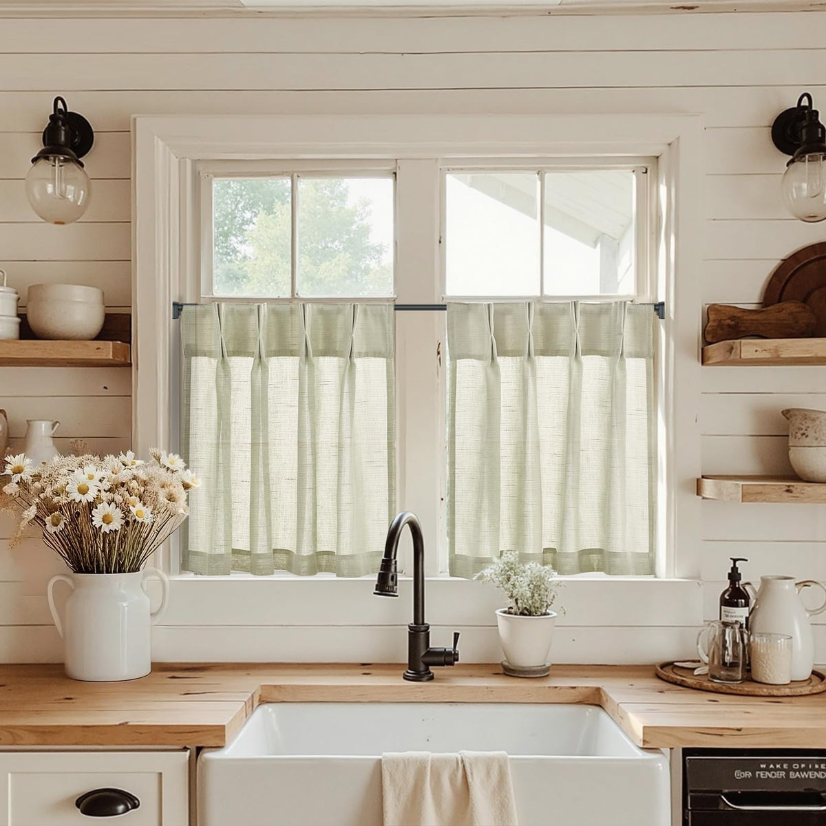 jinchan Linen Pinch Pleated Back Tab Tier Curtains, 26x36, Natural