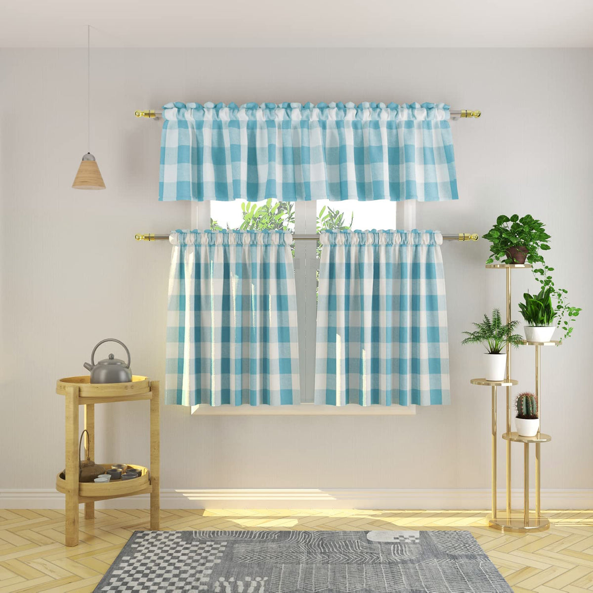 3 Pieces Tier Curtains and Valance Set Buffalo Check Kitchen Tiers Plaid Gingham Rod Pocket Classic Short Small Cafe Curtains Country Farmhouse Cafe Bathroom 54"x18"/27"x24" Brown & White