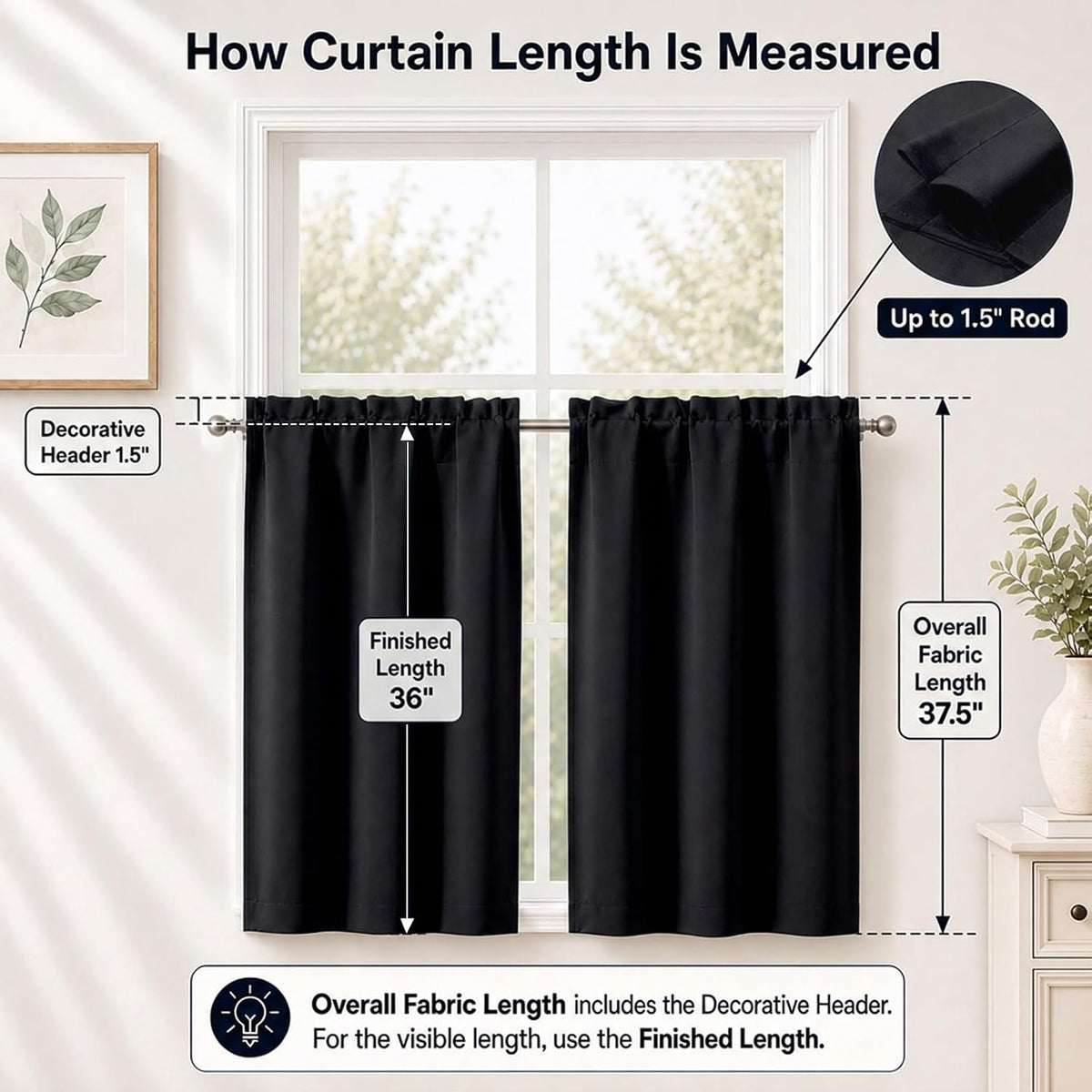 Chyhomenyc Short Black Out Curtains 36 Inch Length, 2 Panels, Black