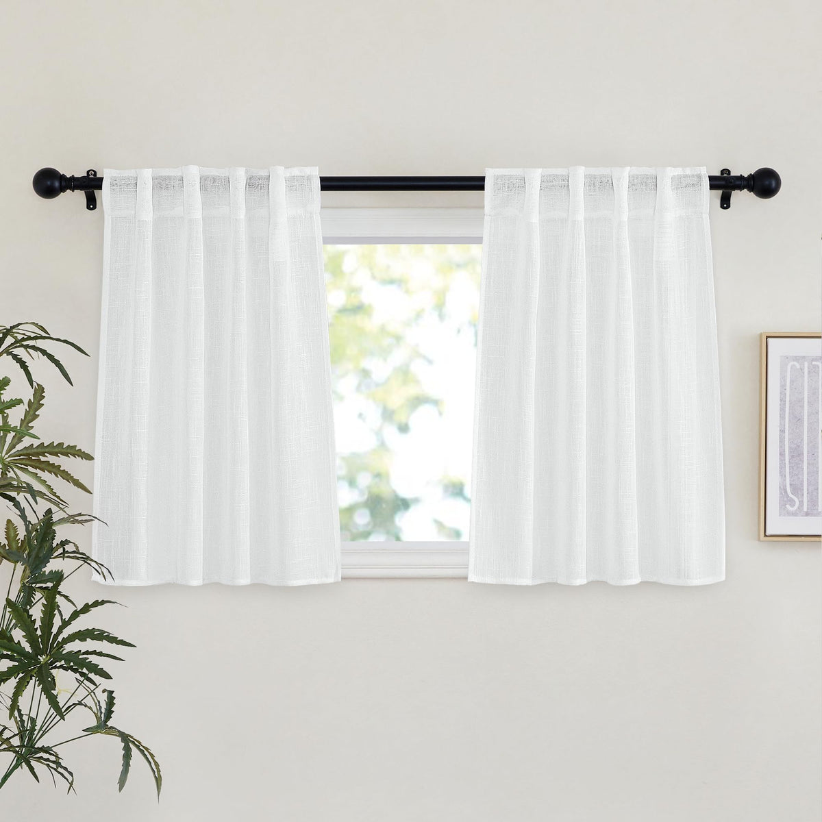 NICETOWN Natural Linen Kitchen Curtains 26 inches Long, Rod Pocket & Back Tab Semi Sheer Flax Window Treatments Rustic & Cute for Cafe/Kids Room, W37 x L26, 2 Panels