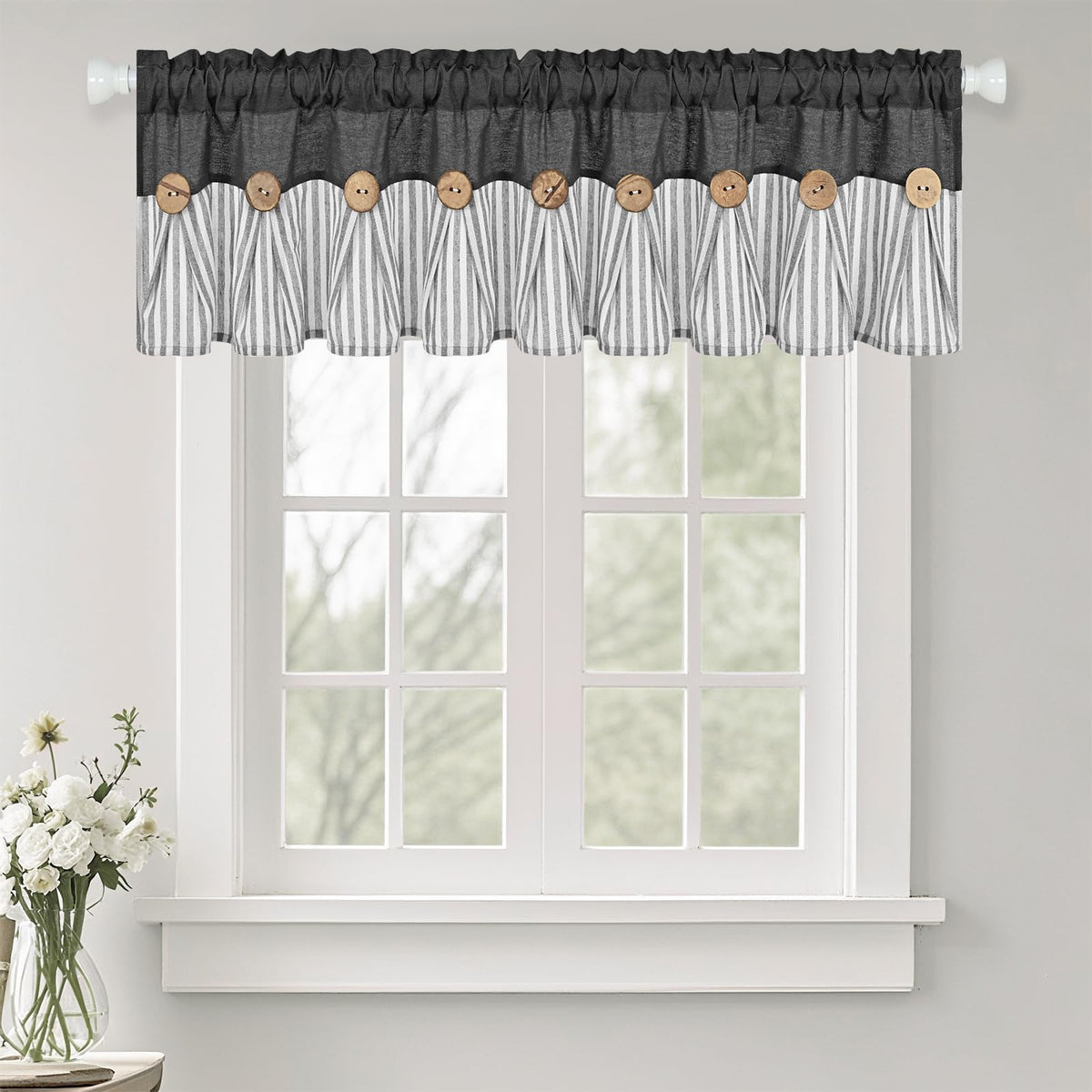 ASPMIZ Cotton Linen Kitchen Valance Curtains, Boho Rustic Button Linen Valances for Windows Farmhouse, Black with Grey Stripe Valance Window Topper Treatment Window Valances for Bathroom, 52 x 18 Inch