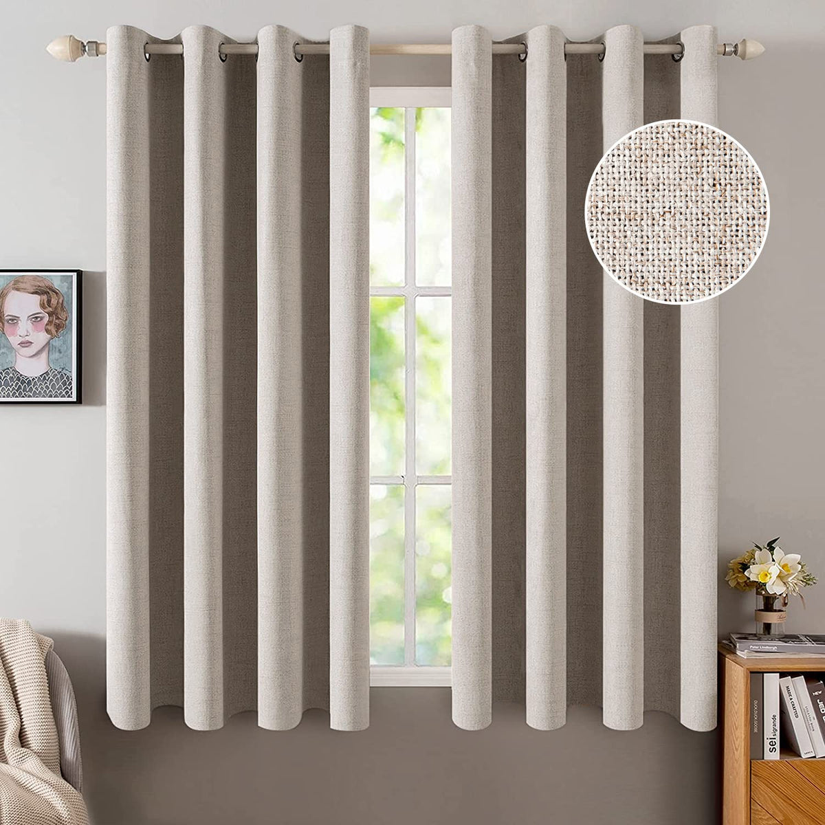 MIULEE 100% Blackout Linen Curtains for Bedroom 52x54 Inches Natural Beige