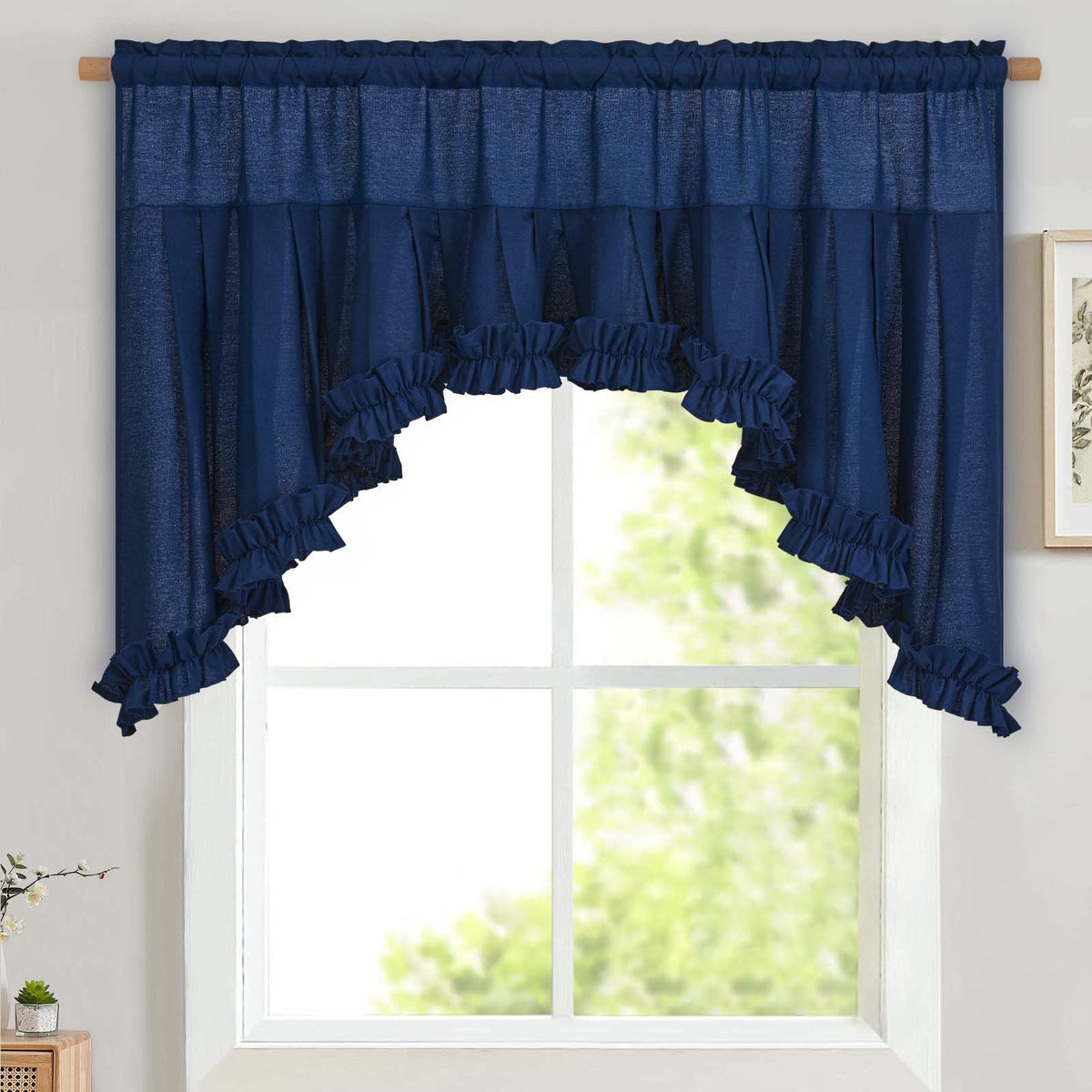 Likiyol Linen Valances for Windows Farmhouse Ruffle Swag Valance Rustic Country Window Valances Light Filtering Kitchen Curtains Rod Pocket Valance Curtains for Bathroom Cafe, Green, 60" W x 36" L