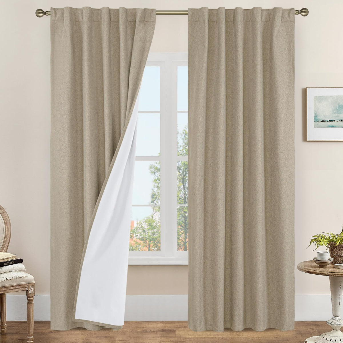 LAMIT Full Blackout Linen Kitchen Window Curtains 36 Inches Long, Ivory
