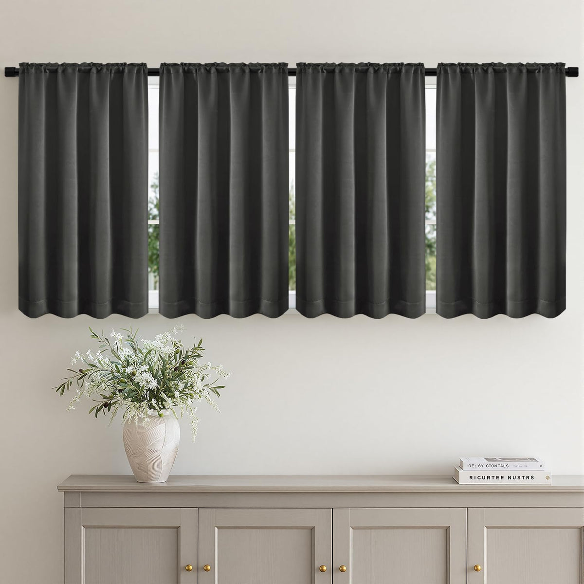 MIULEE Short 36 Inch Blackout Kitchen Window Curtain Black Set of 4 Panels