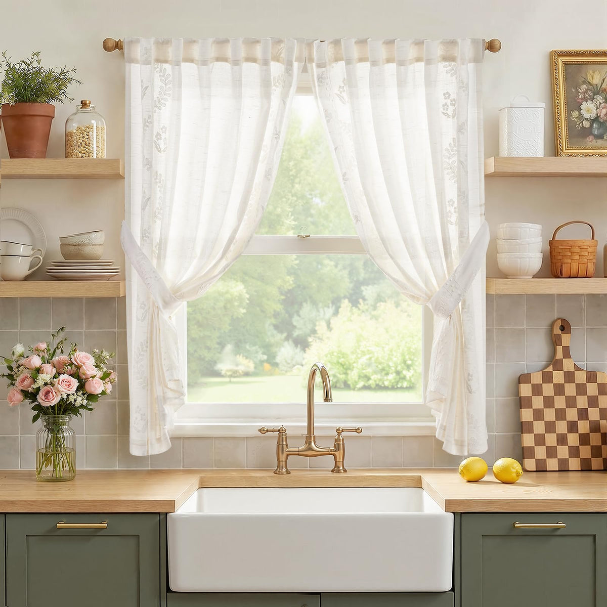 jinchan Beige Floral Linen Kitchen Tier Curtains 36 Inch, 2 Panels