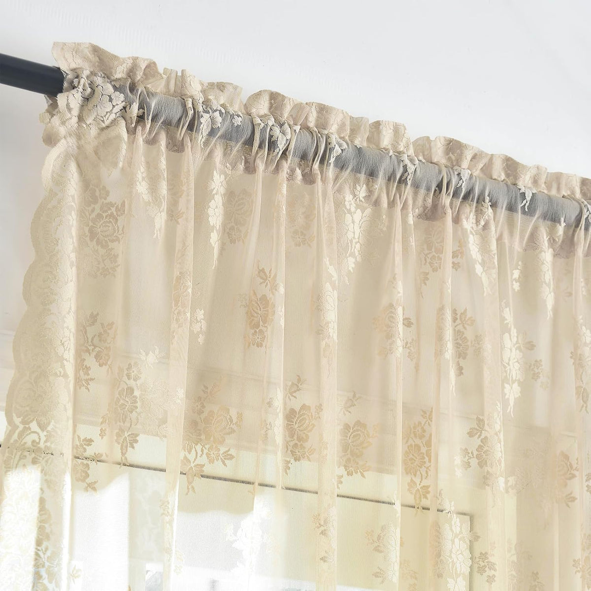 Kotile Short Beige Lace Curtains for Kitchen Windows W42xL45 Inch, 2 Panels