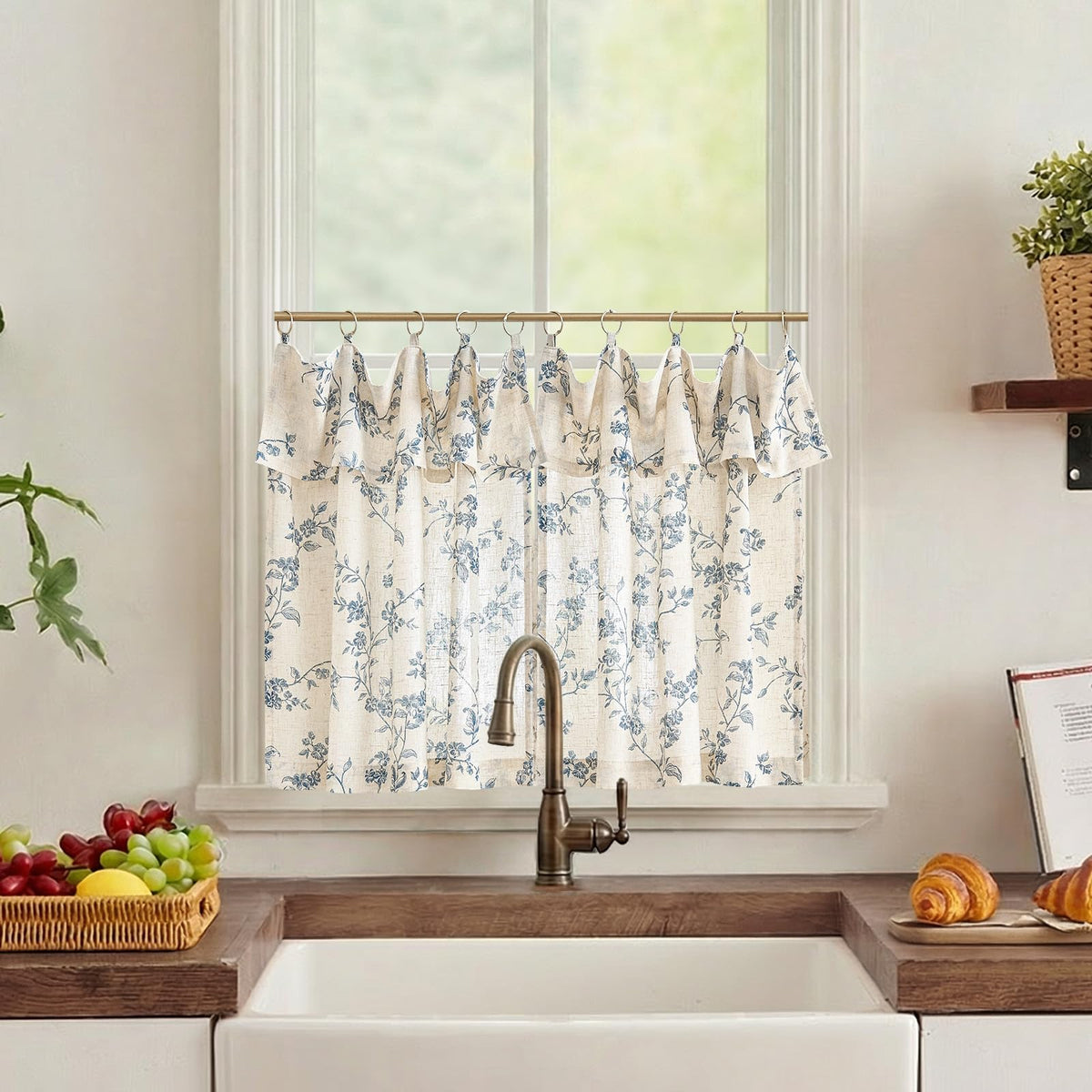 jinchan Floral Linen Kitchen Tier Curtains, 36 Inch, 2 Panels, Taupe