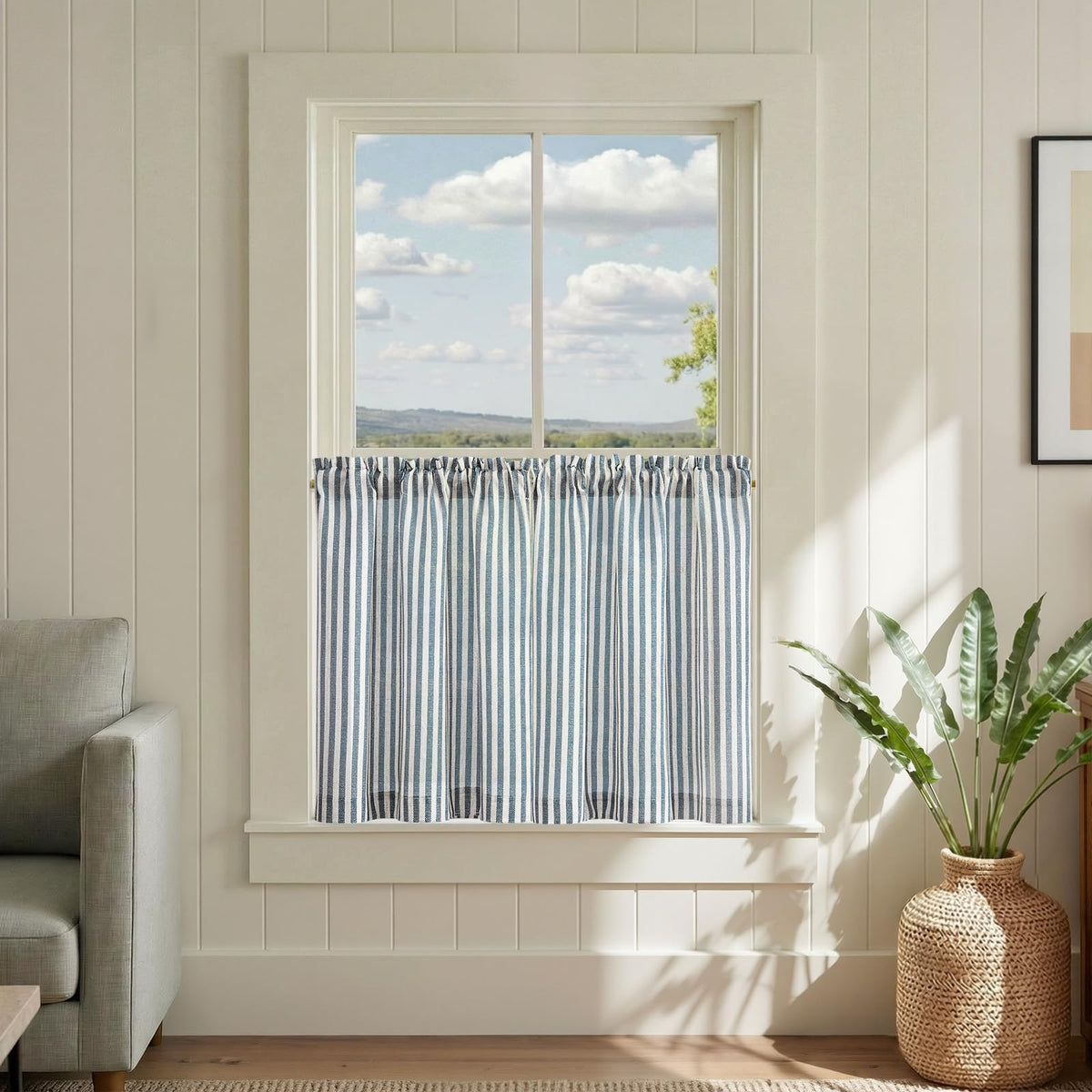 jinchan Striped Linen Kitchen Tier Curtains, 30 Inch, Sage Green, 2 Panels