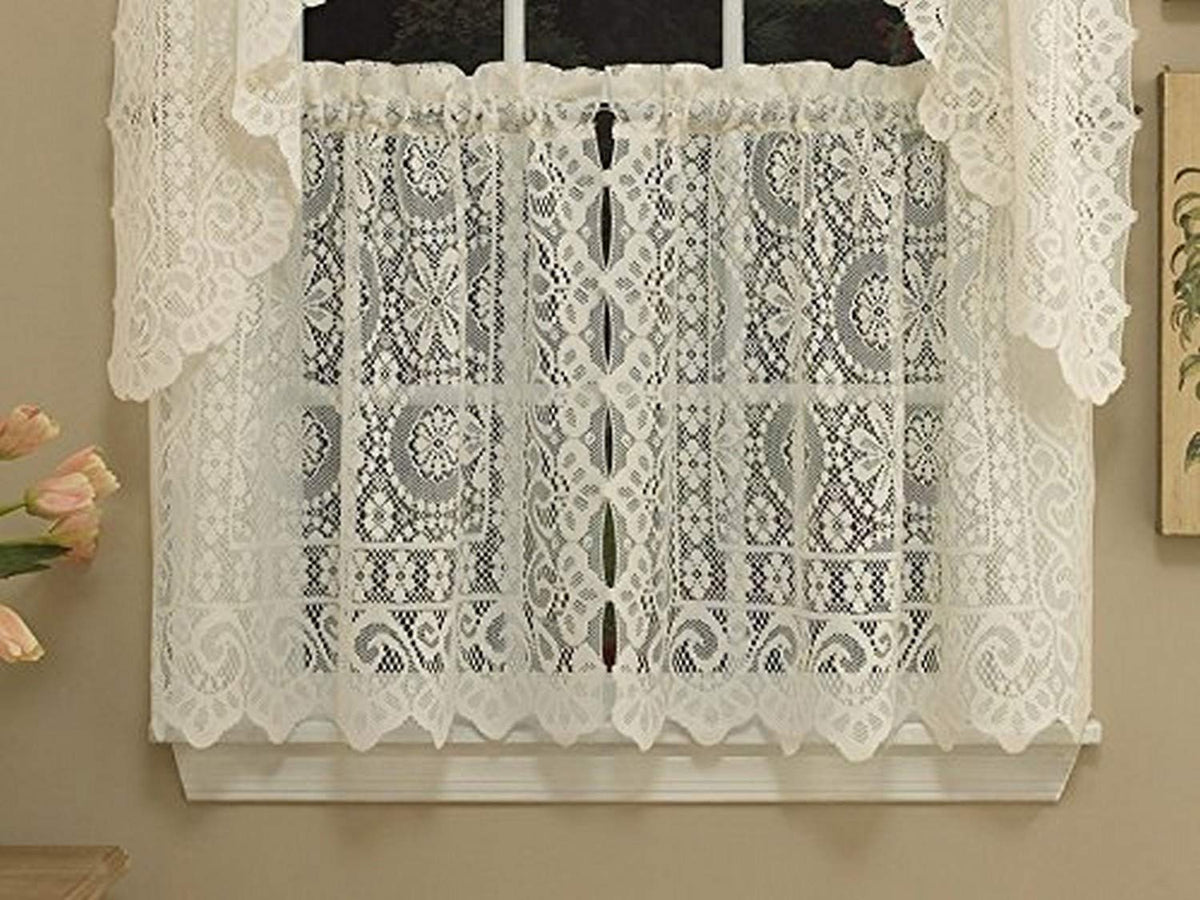 Sweet Home Collection Old World Style Floral Heavy Lace Kitchen Curtain Swag pair Hopewell Cream