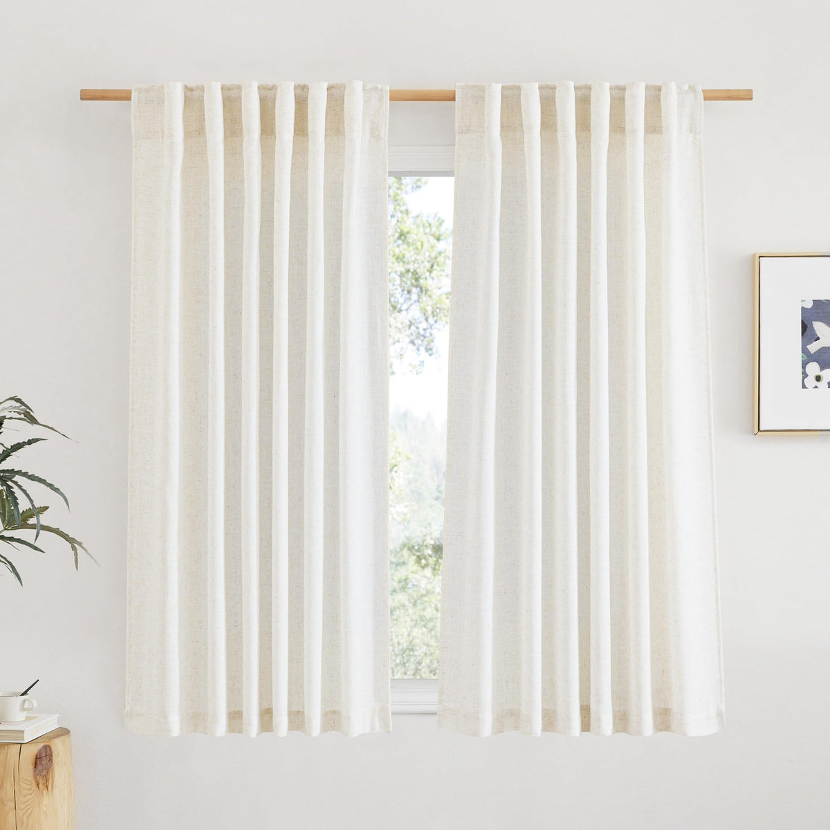 NICETOWN Natural Linen Kitchen Curtains 26 inches Long, Rod Pocket & Back Tab Semi Sheer Flax Window Treatments Rustic & Cute for Cafe/Kids Room, W37 x L26, 2 Panels