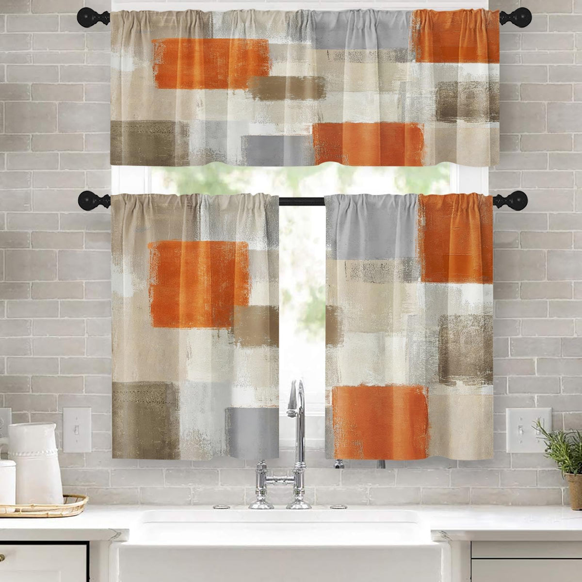Kitchen Curtains Sets for Windows, 52x36 Inch, 3 Pack Abstract