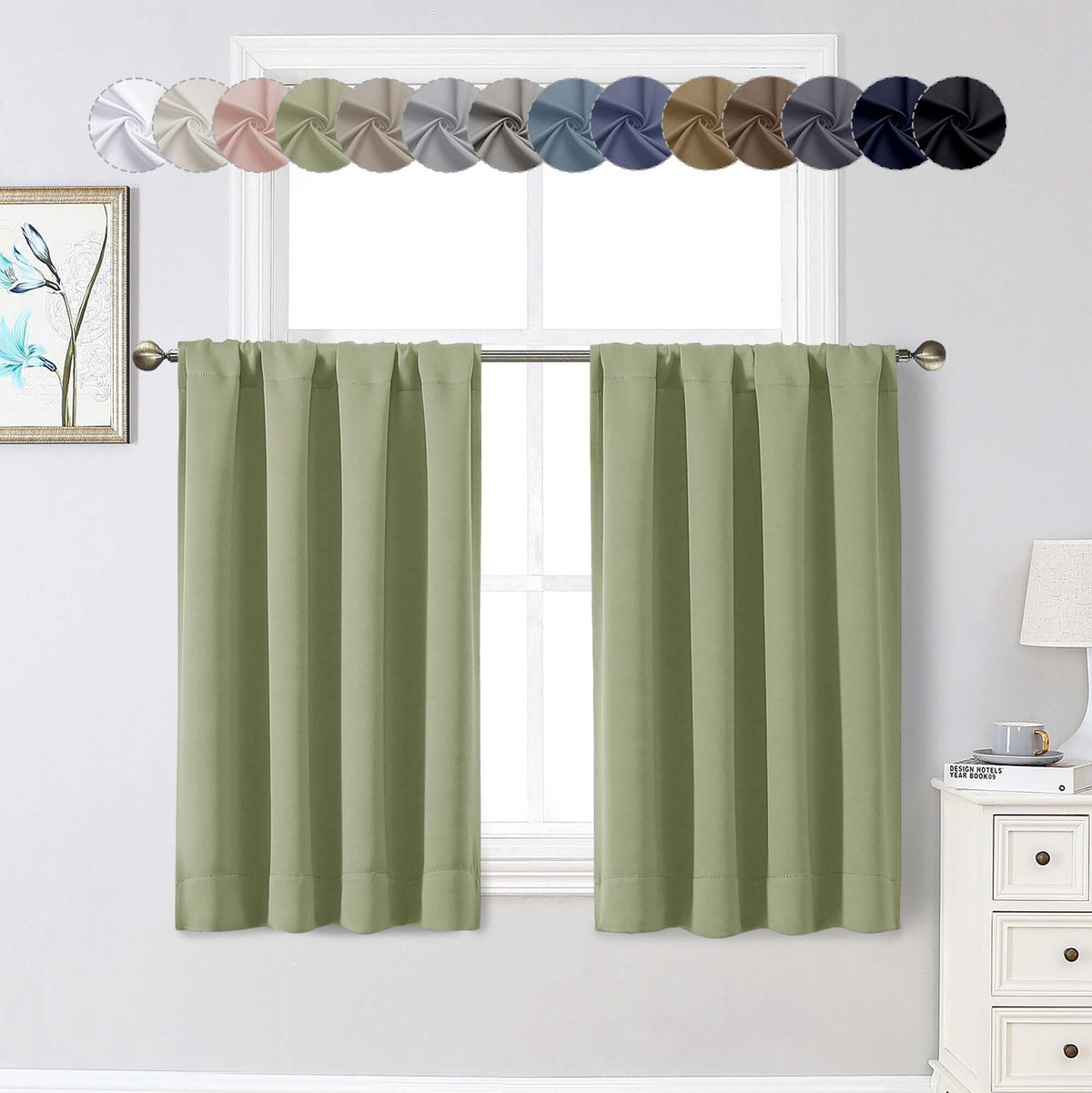 Black Cafe Blackout Curtains 36 Inch Length 2 Panels Set, Soft Solid Thermal Insulated Room Darkening Small Window Curtains for Kitchen Bathroom Basement, Black, Each, 40" Wx36 L