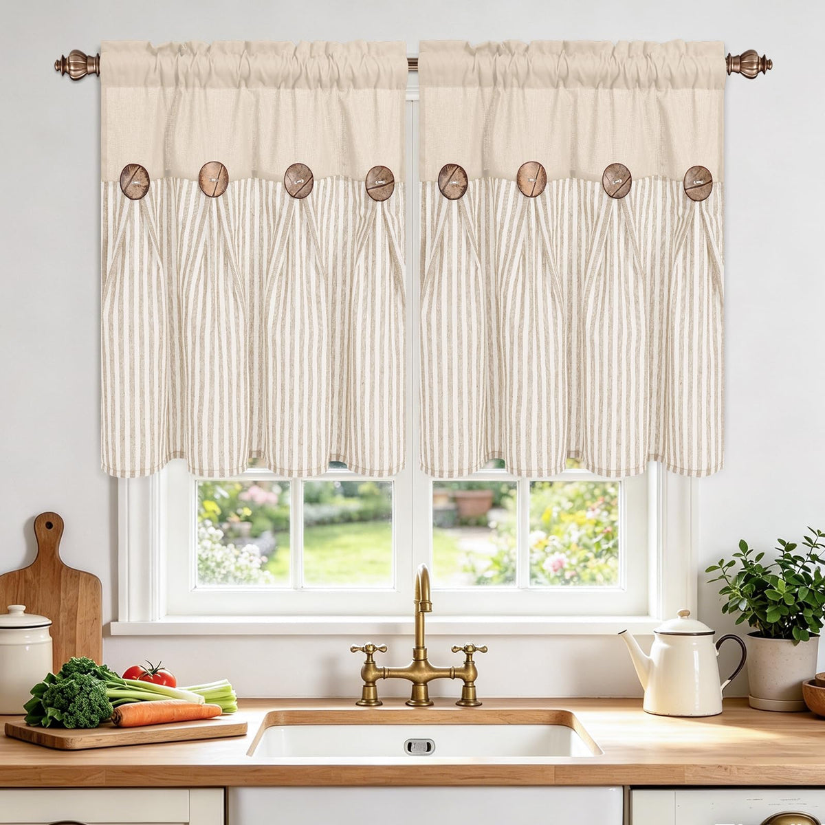 BLEUM CADE Farmhouse Kitchen Curtains 36 Inch, Cotton Linen Cafe Curtains with Rustic Buttons, Boho Small Window Curtains for Bathroom, Green Stripe Half Window Drapes Over Sink, 2 Panels
