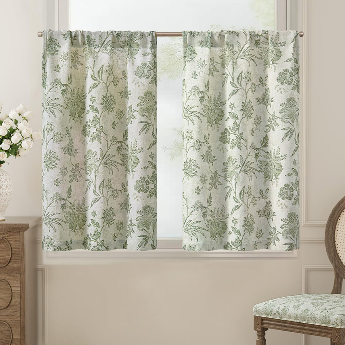 jinchan Floral Kitchen Tier Curtains 24 Inch 2 Panels Sage Green on Beige