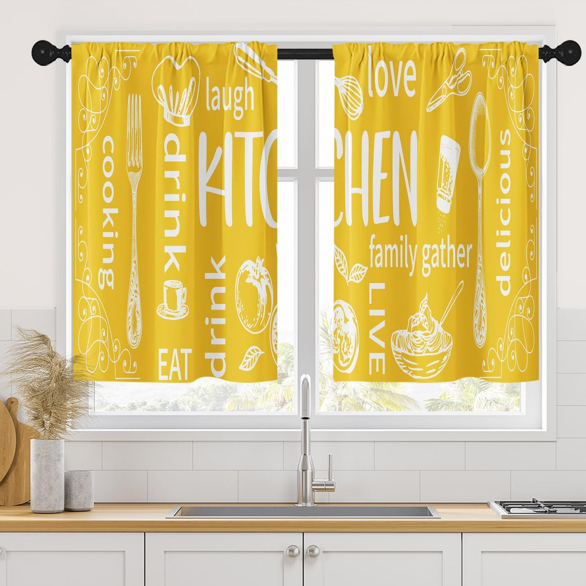Arttown Kitchen Curtains 63 Inch Length, 2 Pack, Abstract Doodle Modern