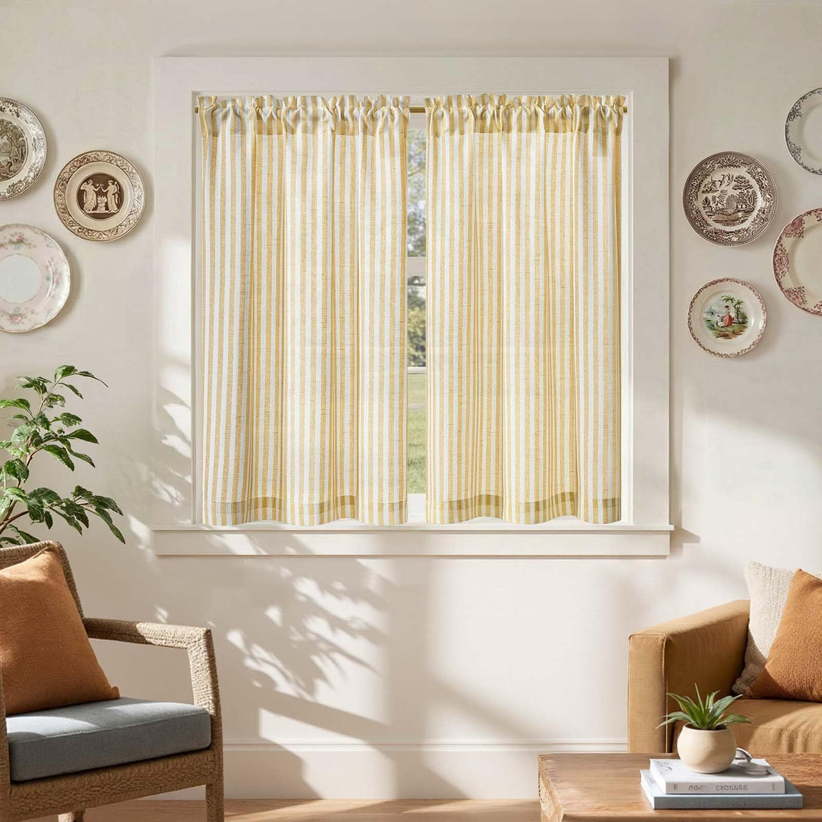 jinchan Striped Linen Kitchen Tier Curtains, 20 Inch, Tan, 2 Panels
