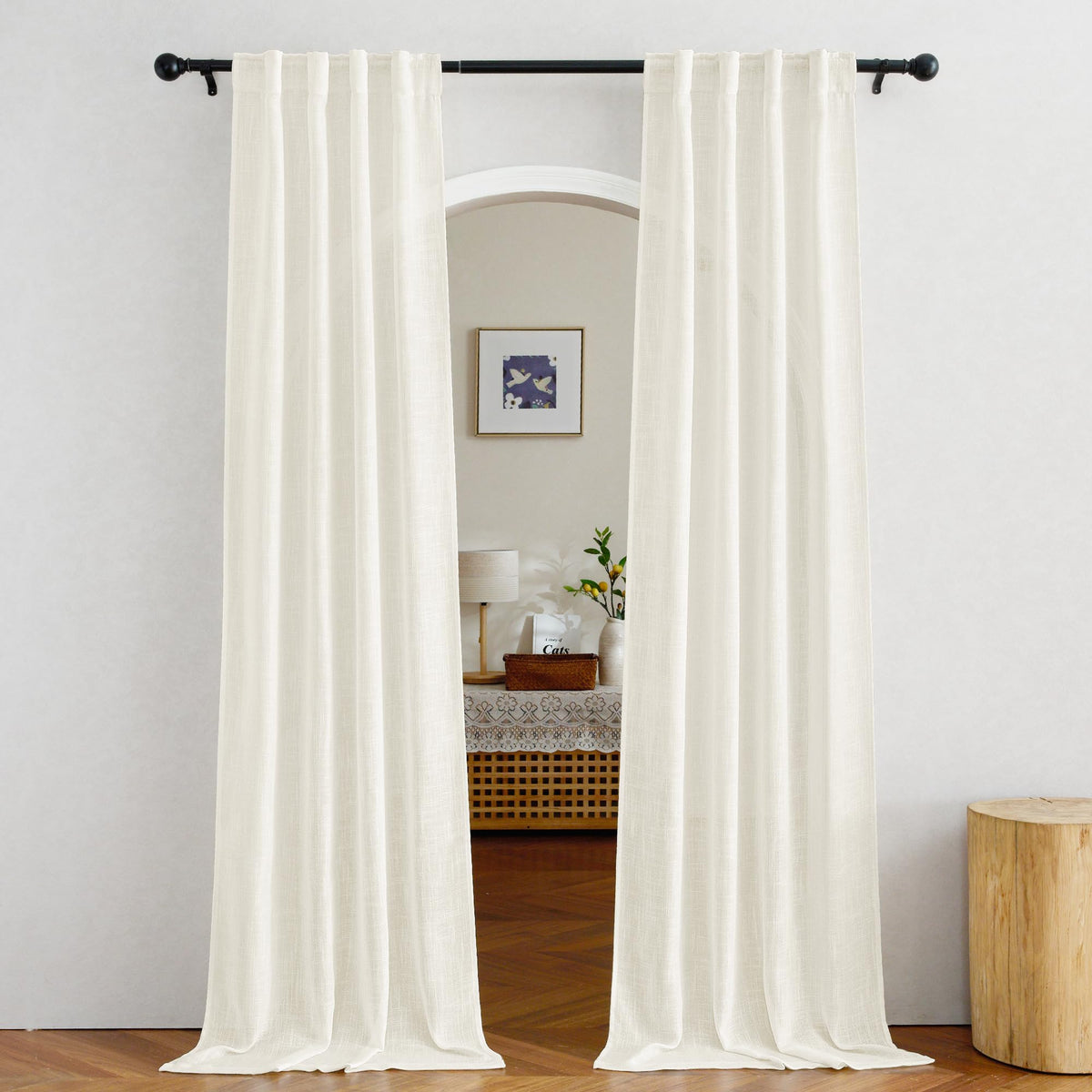 NICETOWN Natural Linen Kitchen Curtains 26 inches Long, Rod Pocket & Back Tab Semi Sheer Flax Window Treatments Rustic & Cute for Cafe/Kids Room, W37 x L26, 2 Panels