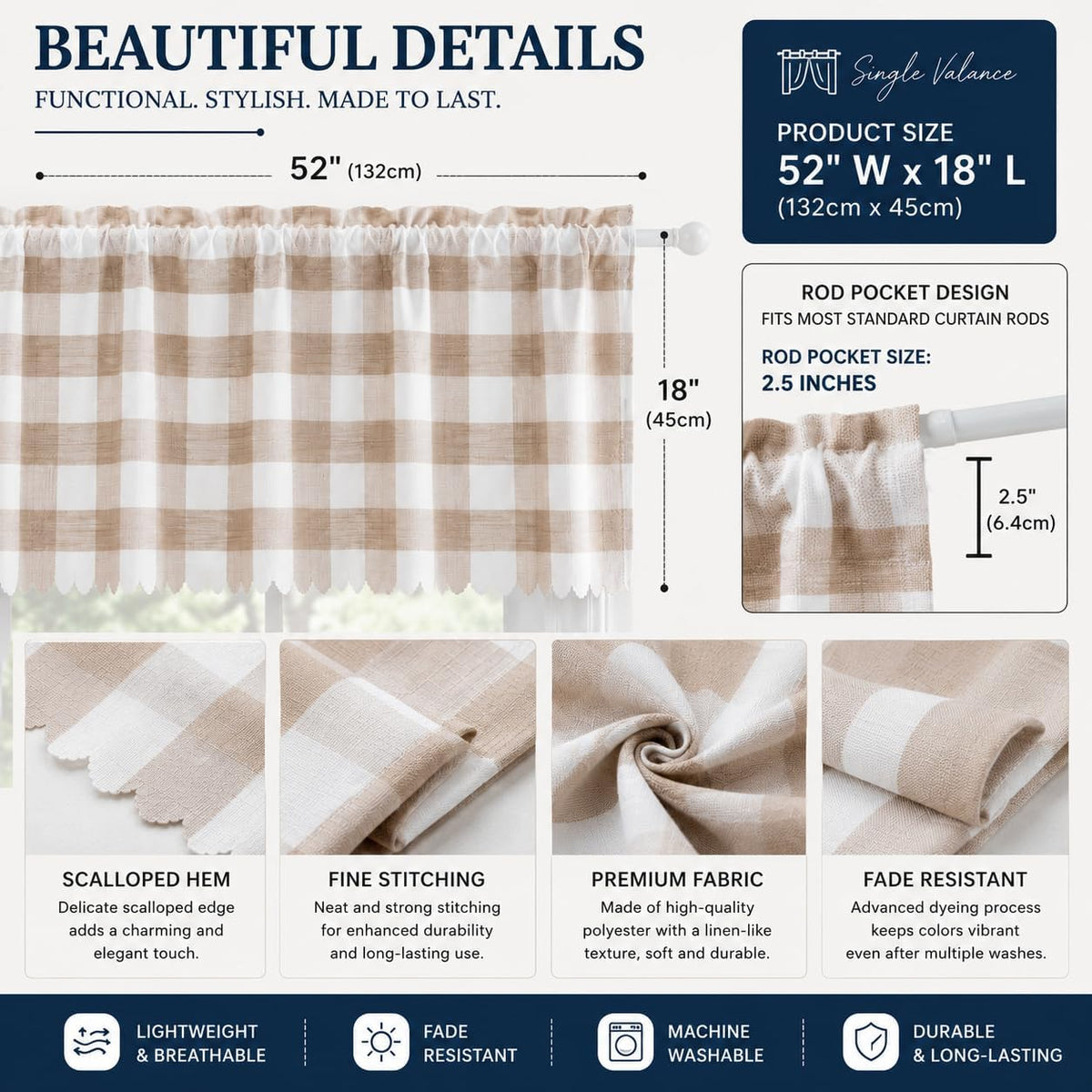 Beda Home Buffalo Check Swag Valance for Kitchen, Coffee/White, 52 x 18 in