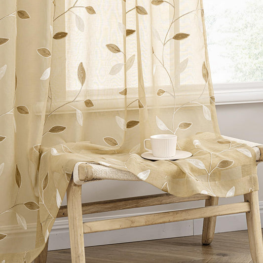 MIULEE Beige Sheer Curtains 2 Panels Embroidered Leaf Patterned, W52 x L63