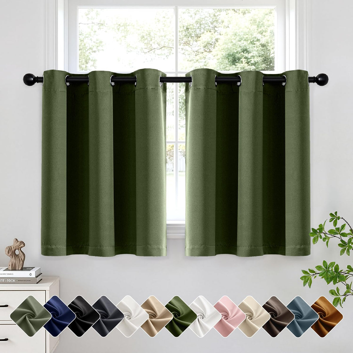 Short Navy Blue Blackout Kitchen Curtain W40 x L45 Inch 2 Panels