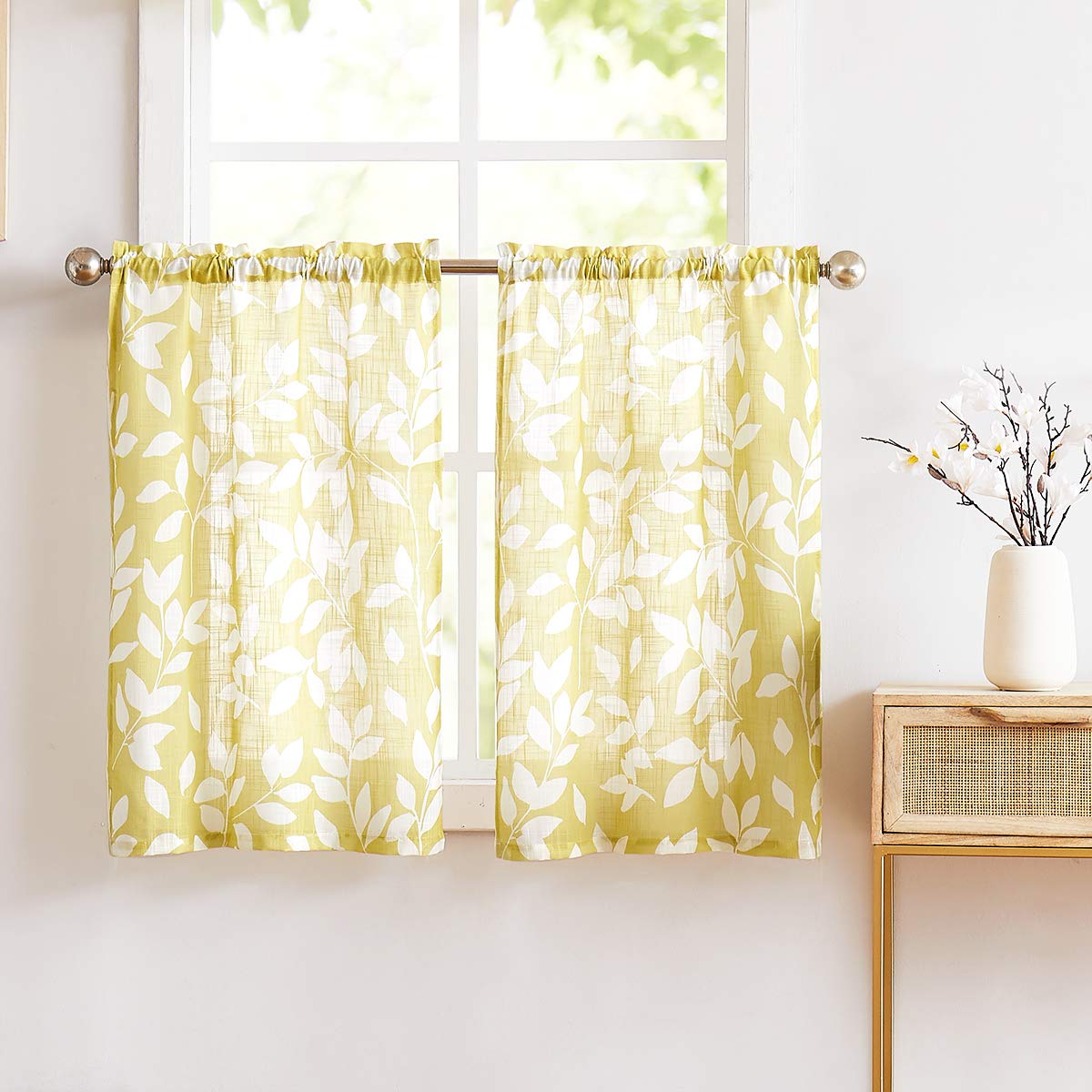 Leaf Kitchen Curtains 36"L Small Tier Window Curtains White Taupe 2pcs