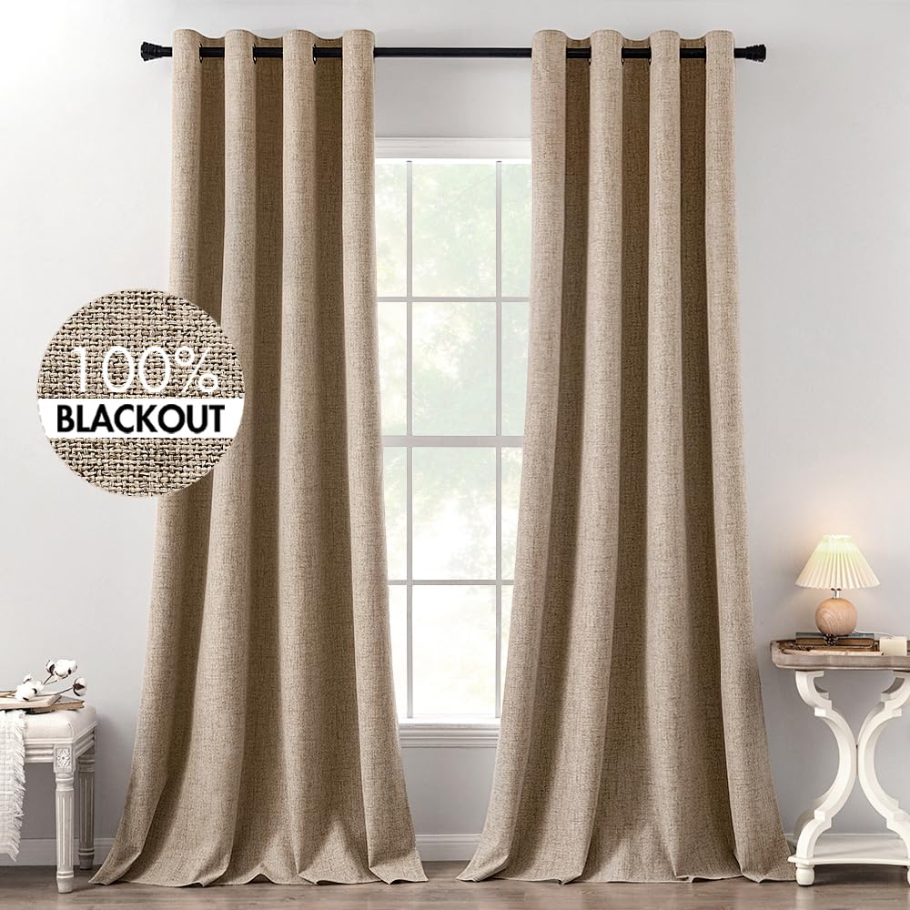 MIULEE 100% Blackout Linen Curtains for Bedroom 52x54 Inches Natural Beige