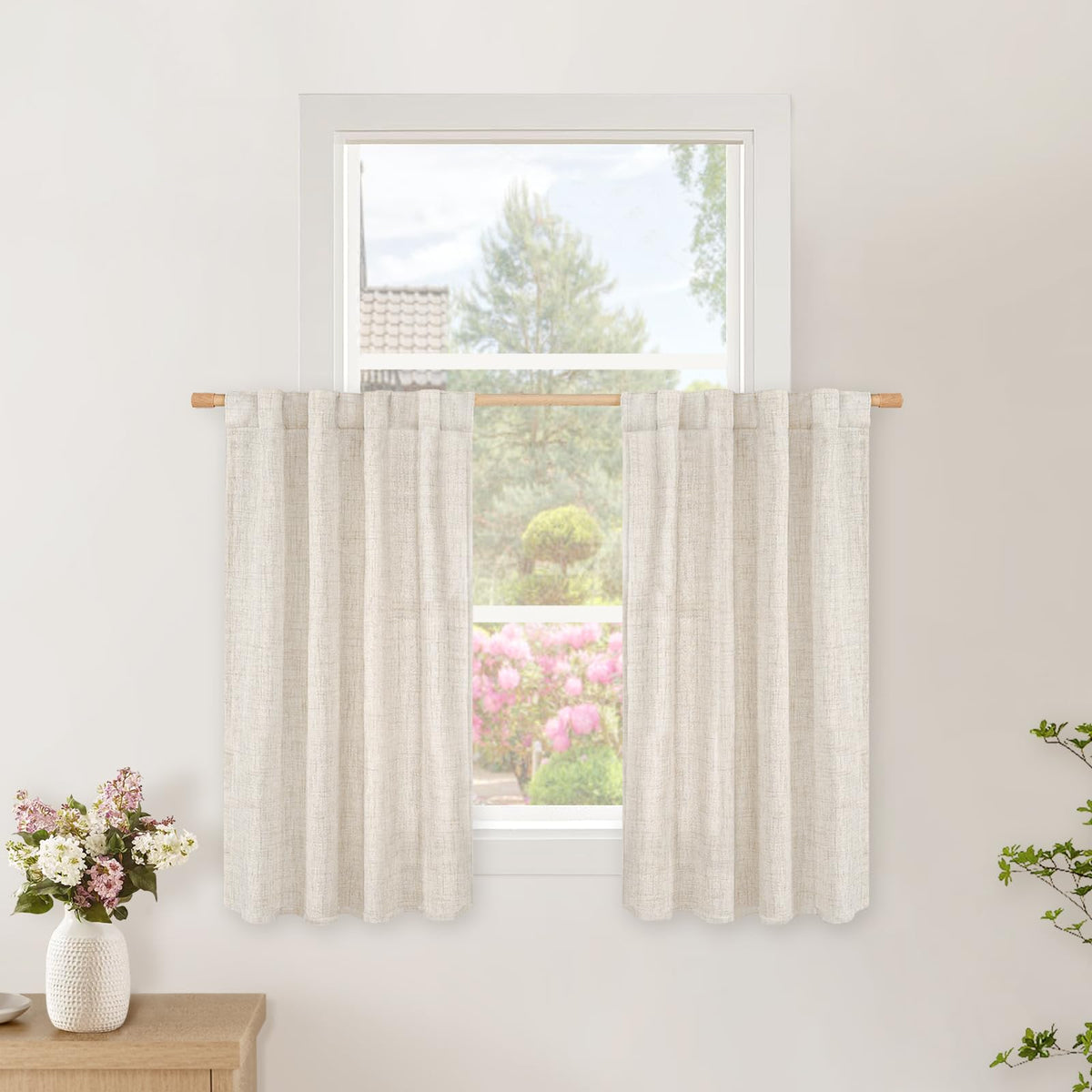 BGment White Linen Kitchen Curtains 40 Inch Length for Short Window